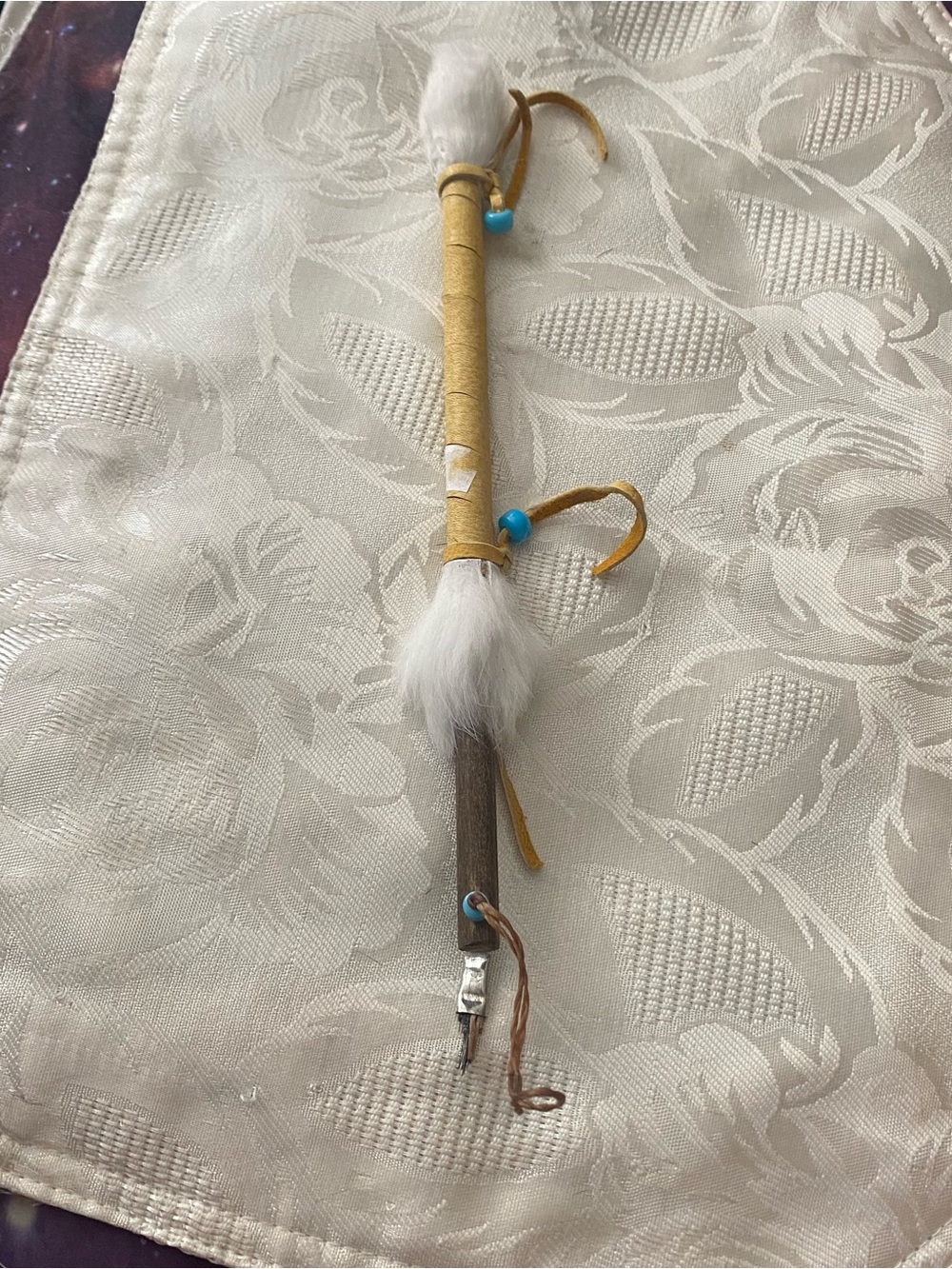 Talking Stick Native American Ceremonial 10.5”H Leather Wrapped White Feathers
